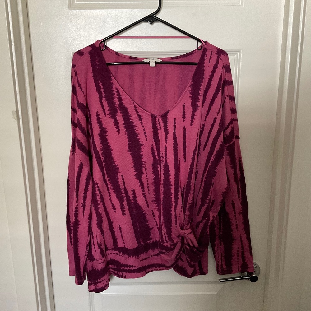 Terra & Sky Tie Dye Drop Shoulder‎ Long Sleeve Knot Front Tee - Size 2X
